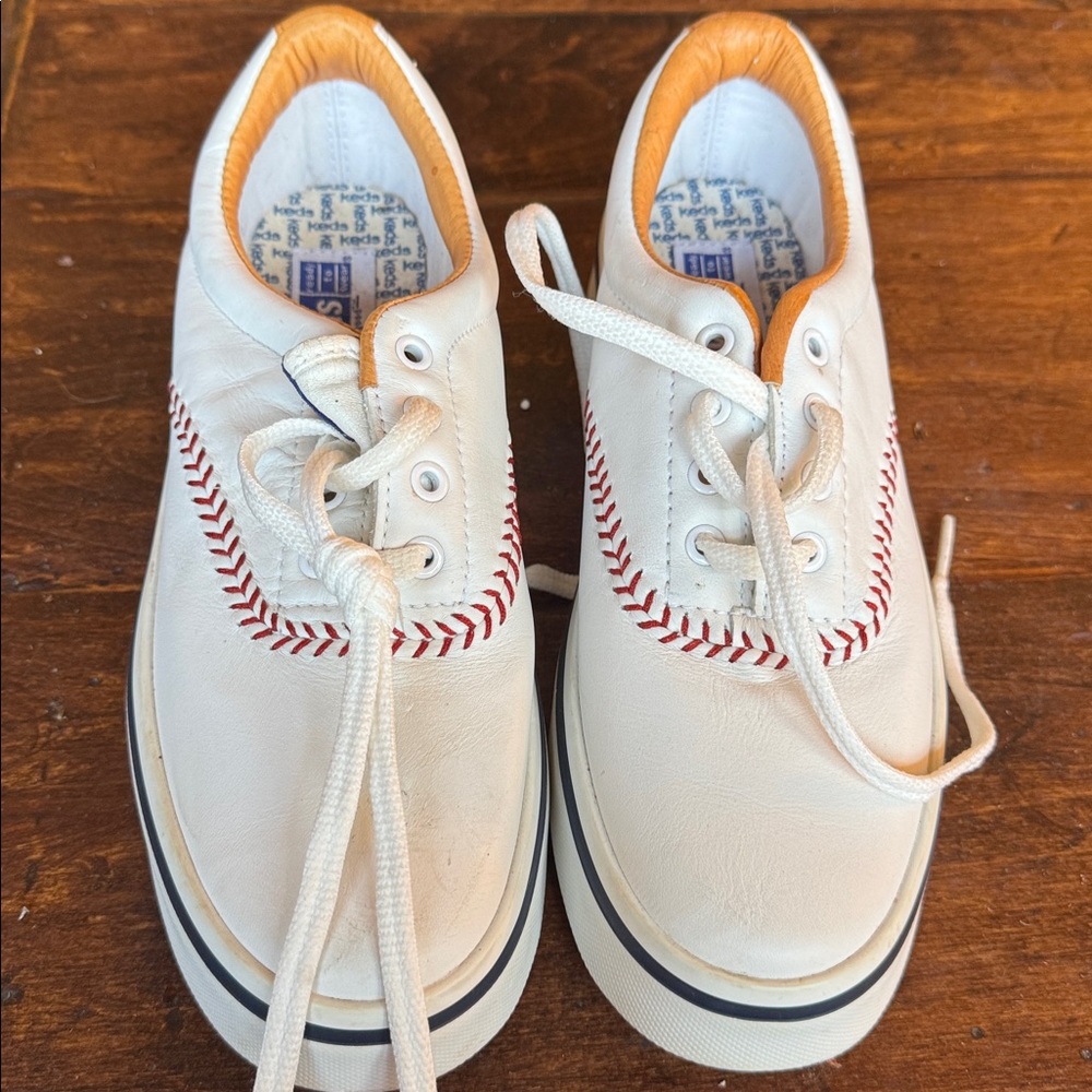 Keds White Leather Sneakers with Red Baseball stitching